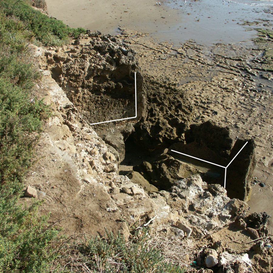 Essaouira Island: Photo from 2004 shows the same features lying in the tidal zone (the southern-most vat as seen from above, opposite angle from previous with inner edges highlighted for clarity) (photo: A.Trakadas).